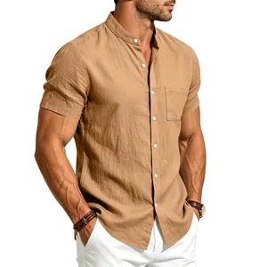 Detail view of men's khaki linen short sleeve shirt with a minimalist stand collar