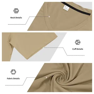 Vue détaillée du t-shirt kaki à col en V : tissu, col et finitions des manches.
