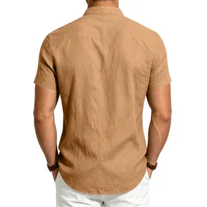 Detailed back view of men's casual camel linen short sleeve shirt with mandarin collar