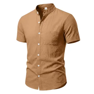 Close-up of khaki men's linen short-sleeved shirt featuring a stand-up collar