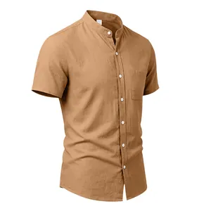Detailed view of khaki linen short sleeve shirt with mandarin collar and pocket