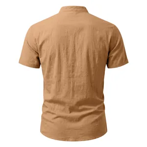 Back view of minimalist men's casual linen short-sleeved shirt with a stand-up collar.