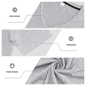 Détails du col en V, du revers et de la texture du tissu doux d'un t-shirt gris pour homme
