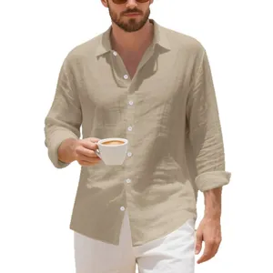 Camicia casual da uomo in lino kaki a maniche lunghe con bottoni e colletto