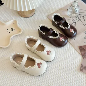 Children's Mary Jane leather shoes with lace trim and mushroom embroidery