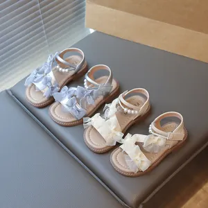 Girls Sweet Princess Sandals Summer Mesh Bow Artificial Pearl Decor Kids Roman Beach Shoes Flat Fairy Style Sandals