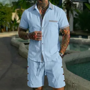 Herren Casual Urlaubs Shirt Set Kontrast Gestreift Patchwork Kurzarm Top And Bottom Sommer Baumwollmischung Freizeit Outfit