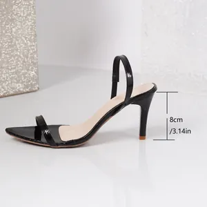 Black pointed toe slingback stiletto sandal showing 8cm/3.14in heel height.