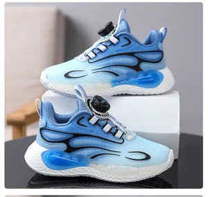 Boys' athletic sneakers with rotary buckle closure in light blue mesh fabric