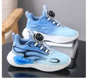 Blue children's sneakers with adjustable rotary buckle closure and breathable mesh.