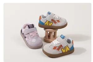 Breathable mesh boys walking shoes with soft soles and velcro straps, assorted colors