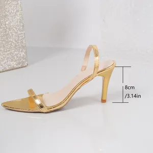 Detailed side view of elegant gold stiletto sandal showing the 8cm or 3.14in heel height