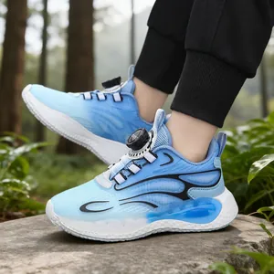 Boys Rotary Buckle Sneakers Breathable Mesh Kids Basketball Shoes Lightweight Shock Absorption Running Shoes For School Outdoor
