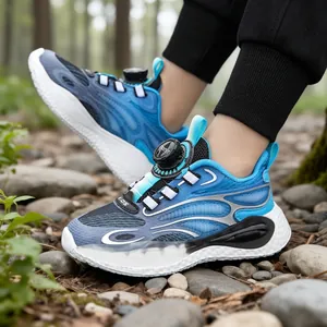 Blue and black boys' sports shoes with rotary buckle for outdoor activities