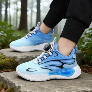 Boys blue athletic sports shoes with convenient rotary buckle lacing for outdoor running