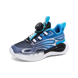Boys blue basketball sports shoes with rotary buckle closure and breathable mesh