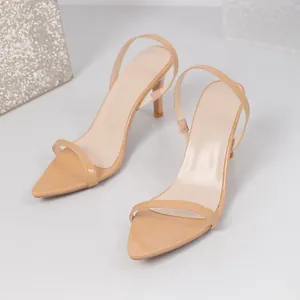 Elegant nude patent leather pointed-toe stiletto sandals with minimalist strap design