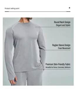 Nahaufnahme graues langärmeliges Sportshirt mit Raglanärmeln und Rundhals.