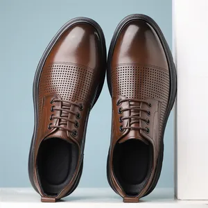 Men's breathable brown leather dress shoes with laser-cut perforations for wedding