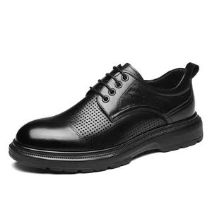 Classic black men's perforated leather oxfords with breathable design and thick sole