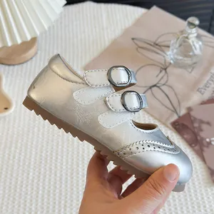 Girls silver metallic brogue leather shoes with double buckle and soft non-slip sole