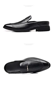 Vista detallada de mocasines de cuero negro perforados sin talón para hombre, 2 fotos