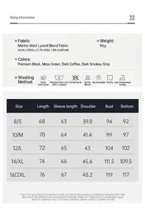 Detailed size guide and material specs for men's merino wool outdoor long sleeve top