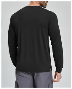 Back view of men's black merino wool blend long-sleeve shirt for fitness and outdoor sports