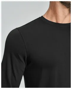 Close-up of black Lyocell Merino wool blend long sleeve shirt showing fine fabric texture