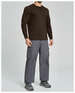 Full-body view of men's dark brown Lyocell Merino wool blend long sleeve shirt