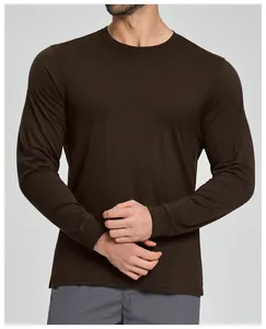 Detail view of a brown men's long sleeve shirt made from Lyocell Merino wool blend