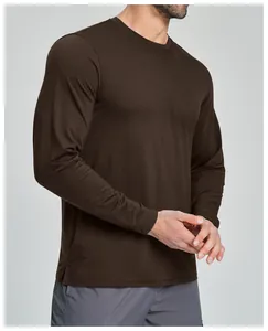 Close-up of men's dark brown Lyocell Merino wool blend long sleeve athletic shirt