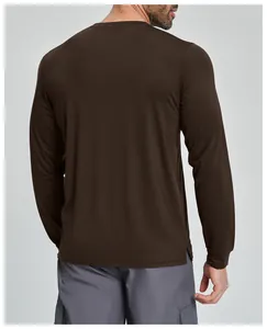 Back view detail showing the fit of men's brown Merino wool blend long sleeve sports shirt