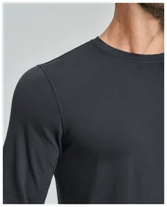 Detail view showing crew neck and shoulder seam of grey merino wool blend shirt