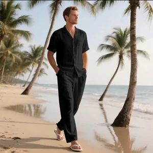 Men's black casual beach set featuring short-sleeve button-down shirt and trousers