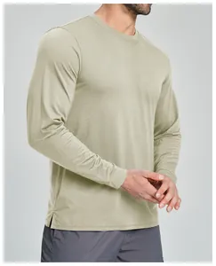 Detail view of men's breathable Lyocell Merino wool blend long sleeve athletic top