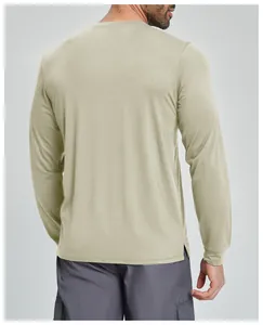 Back view of men's Lyocell Merino wool blend long sleeve sports shirt in light olive