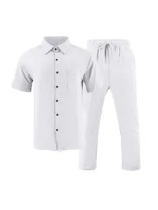 Detail view of men's white leisure set featuring button-down shirt and drawstring pants