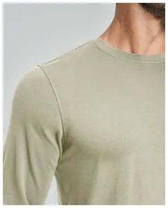 Close-up detail of the crew neck and shoulder on a men's olive wool blend long-sleeve shirt.