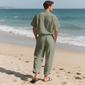 Men's sage green linen beach set with short sleeve shirt and long pants back view