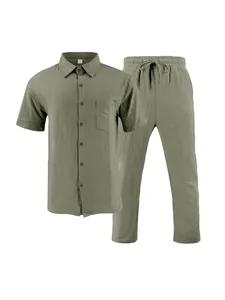 Detailed macro view of men's olive green linen blend button-down shirt and trousers set
