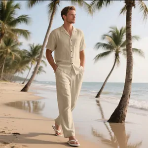 Men Casual Linen Short Sleeve Shirt And Long Pants Top And Bottom Solid Color Breathable Summer Beach Vacation Wear