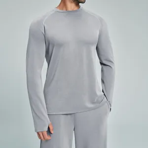 Maglietta Sportiva da Uomo a Manica Lunga in Poliestere Modal Elastan Polsini con Foro per Pollice Manica Raglan Girocollo