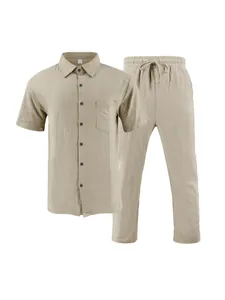 Men's khaki casual beach set featuring short sleeve button-down shirt and long pants