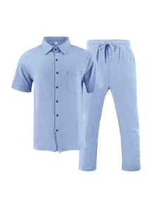 Front view of light blue men's casual button-up shirt and long pants cotton set.