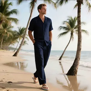 Men's navy blue casual short sleeve shirt and long trousers beach set lifestyle view