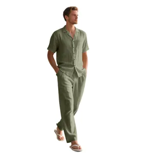 Casual men's sage green linen short sleeve shirt and long pants two-piece beach set