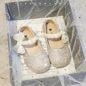 Mädchen Prinzessin Kristall Schuhe Glänzende Strass Künstliche Perle Schleife Weiche Sohle Mary Jane Flats Kinder Lederschuhe