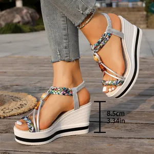 Détail rapproché de sandales compensées pour femmes montrant une hauteur de talon de 8,5 cm