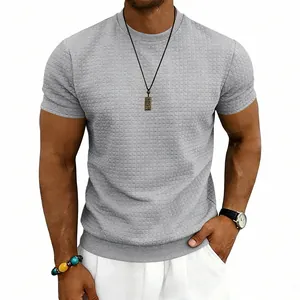 Grijs heren t-shirt met wafelbreisel korte mouwen ronde hals en sportieve textuur